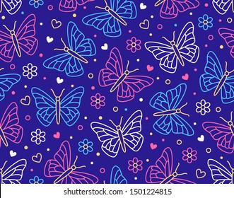 Butterfly Seamless Pattern. Flying Insects With Flowers, Hearts Background, Cute Butterflies Flat Line Icons For Kids Decor, Spring Wallpaper. Pink, White, Dark Purple, Blue Color.