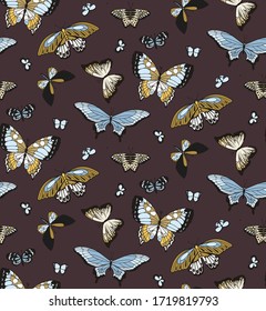 Butterfly seamless pattern. Flying insects background, cute butterflies silhouette icons