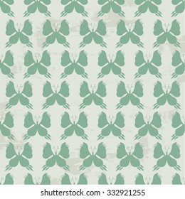 Butterfly Seamless Pattern - Green Colors on Grunge Background - Vector