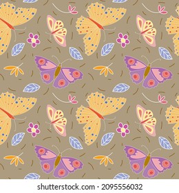 Butterfly seamless pattern. Hand drawn background with variuos butterflies on beige. Cartoon style. Flat design.