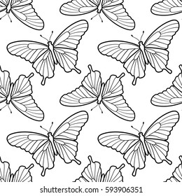 Butterfly seamless pattern isolated on white background. Coloring page, black and white wallpaper.
