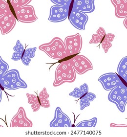 Butterfly seamless pattern, pastel pink and lilac colors. Kids fabric design. Vector isolated on white background.