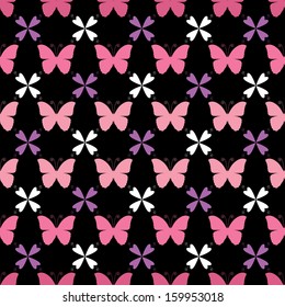 Butterfly seamless pattern. Pink butterflies on a black background.