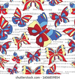 Butterfly seamless pattern in primary colors. Hand drawing gray sticks on the background. Cool wallpaper design. 