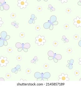Butterfly seamless pattern with purple, blue and green wings, large and small white flowers on a green background.