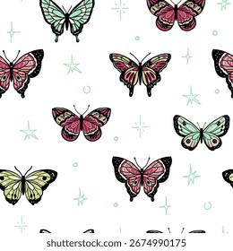 Schmetterling, nahtloses Muster, Satz von handgezeichneten Vektorgrafiken