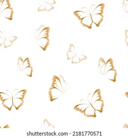 Patrón sin soldadura de mariposa. Mariposas brillantes doradas sobre fondo blanco.