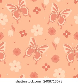 Patrón de mariposa sin fisuras en los colores de melocotón de moda. Gráficos vectoriales.