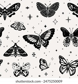 Butterfly seamless pattern vector illustration. Black and white, monochrome moths insects in Y2k retro style, wavy lines, organic shapes. Trendy simple aesthetic butterflies.