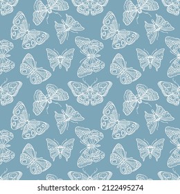 Butterfly seamless pattern. White black vintage illustration.  Retro print drawing. Sketch art with insect silhouette. Hand drawn flying butterfly pattern. Wing graphic design
