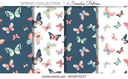 Butterfly seamless patterns. Set of spring background with butterflies. Animal background