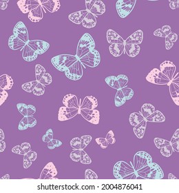 Butterfly seamless repeat pattern design, vector wallpaper, cute girly background. Purple butterfly pattern. Colorful design.