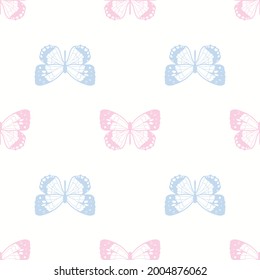 Butterfly Seamless Repeat Pattern Design, Vector Wallpaper, Cute Girly Background. Pink And Blue, Pastel Design.