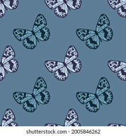 Butterfly seamless repeat pattern design, vector wallpaper, cute girly background. Blue pattern design.