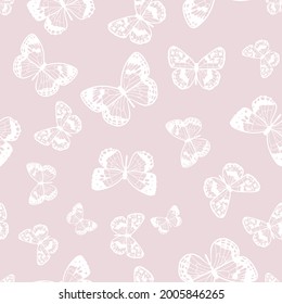 Diseño de patrón de repetición sin fisuras de mariposa, papel de pared vectorial, fondo de circunferencia lindo. Patrón femenino pálido rosado y suave, siluetas de mariposa blanca.