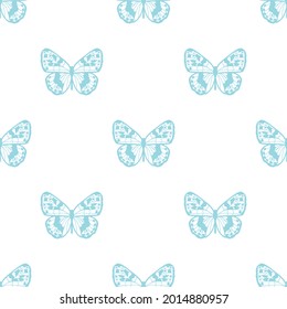 Butterfly seamless repeat pattern design, vector wallpaper, cute girly background. Blue and white butterfly pattern, simple design.