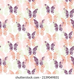 Butterfly seamless repeat pattern design background. Random colorful butterfly silhouette, cute girly pastel pattern.