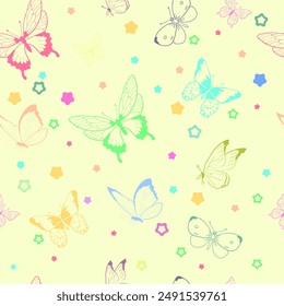 Butterfly seamless repeat pattern pastel design background. Random colorful butterfly silhouette, cute girly pastel pattern