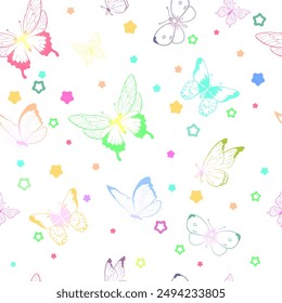 Butterfly seamless repeat pattern pastel design on white background. Random colorful butterfly silhouette, cute girly pastel pattern