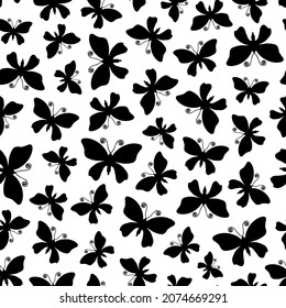 Butterfly seamless repeat pattern. Random placed, vector lepidoptera flying insect all over surface print on white background.