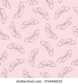 Butterfly seamless repeat pattern, vector background, pastel pink girly pattern.