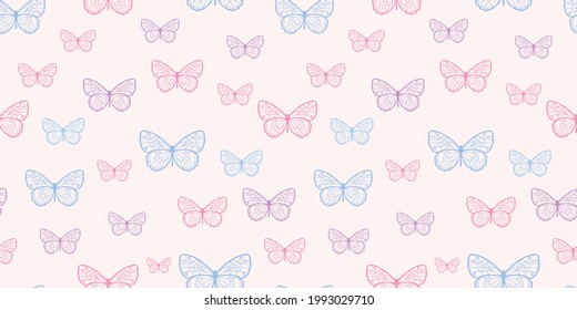 Butterfly seamless vector repeat pattern background, spring wallpaper. Cute girly pattern. Colorful pastel pattern.