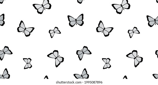 Schmetterling, nahtlos, Vektorhintergrund, Frühjahrshintergrund. Rutsche geistliche Muster. Schwarz-Weiß, Silberschmetterlingsmuster.
