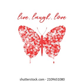 Butterfly with Sequins, Red Sequin Pattern, Decorative Slogan, Fashion Design, Poster, Card, Sticker, T Shirt, Towel, Mug