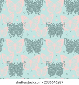 Butterfly sesmless pattern. Pink and black outline butterfly repeat on blue background. Vector illustration.