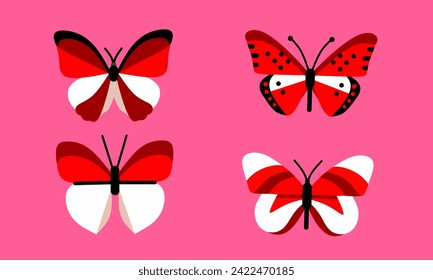 butterfly set, 4 butterfly vector icons, red and white pink background
