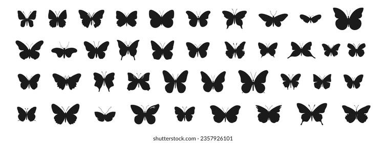 Butterfly set black silhouette icon isolated on white background. Vector illustration