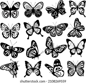 butterfly set, black silhouette, isolated vector