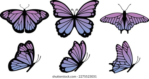 Montaje de mariposa con ilustración vectorial de alas de gradiente azul y rosa. Mariposas con alas plegadas y abiertas.