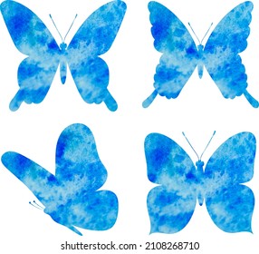 butterfly, set blue watercolor silhouette, isolated vector