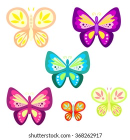 Butterfly set cartoon vector illustration. Butterfly insect for kid cartoon, book, tshirt applique, sticker or game asset.