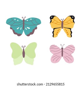 Butterfly set. Colorful cartoon vector illustration. Hand drawn spring summer idesign element.