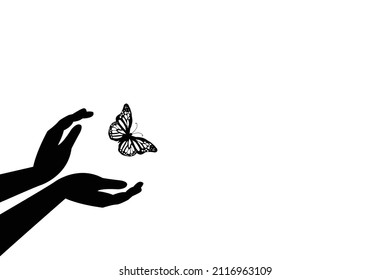 butterfly set free vector art, a butterfly flying for freedom from an open hand, freedom concept, hope concept illustration.