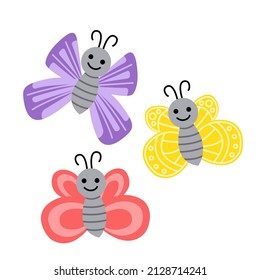 Butterfly set. Glad butterfly. Colorful bright jolly smiling butterflies. Easter, spring, summer. Flat, cartoon. Isolated vector stock illustration eps 10 on white background