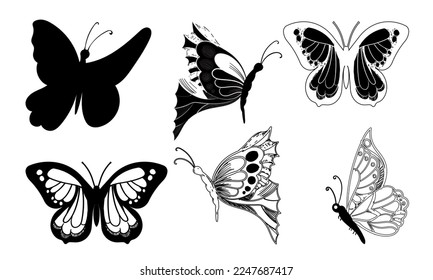 Butterfly set graphic black white isolated sketch illustration vector. Modern seamless pattern of monarch butterfly contours on white background for decoration design. Closeup design element.