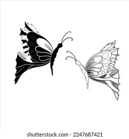 Butterfly set graphic black white isolated sketch illustration vector. Modern seamless pattern of monarch butterfly contours on white background for decoration design. Closeup design element.