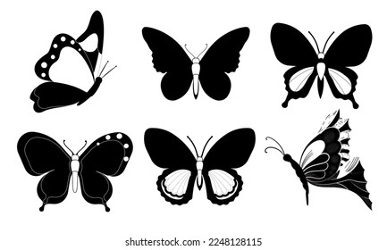 Butterfly set graphic black white isolated sketch illustration vector. Modern seamless pattern of monarch butterfly contours on white background for decoration design. Closeup design element.