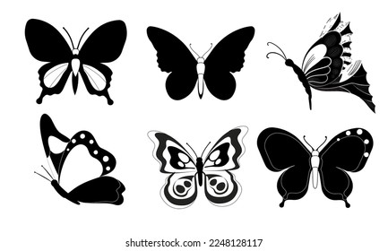 Butterfly set graphic black white isolated sketch illustration vector. Modern seamless pattern of monarch butterfly contours on white background for decoration design. Closeup design element.