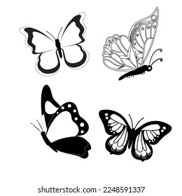 Butterfly set graphic black white isolated sketch illustration vector. Modern seamless pattern of monarch butterfly contours on white background for decoration design. Closeup design element.