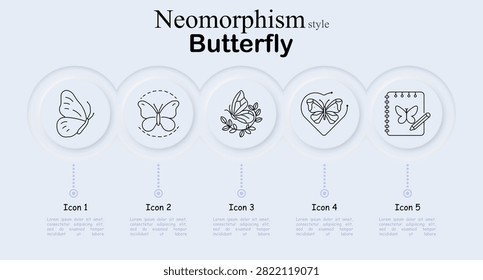 Butterfly set icon. Flying winged insect, decorative symmetrical creature, floral branch composition, heart shaped flutter illustration, sketchbook drawing symbol, neumorphism graphics