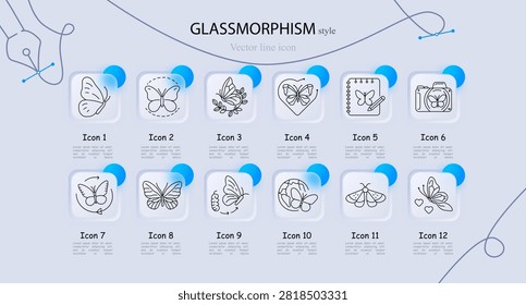 Butterfly set icon. Line icons with single butterfly, dotted outline , leafy branch, heart frame, notebook, camera, arrow motion, wings spread