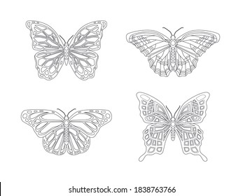 Butterfly set isolated on a white background. Vector illustration. Big butterflies collection. Lines and contours for coloring. Realistic. Cute simple cartoon design. Flat style.