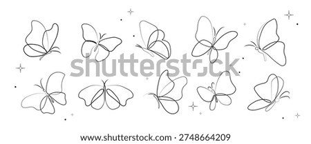 Butterfly set in a minimalist one line style with outline insects, stars, and shimmer elements for logos, tattoos, stickers, branding, packaging, beauty design, aesthetic decoration. Vector 