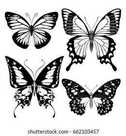 Butterfly set monochrome. Four insects in different execution. Vector illustration.