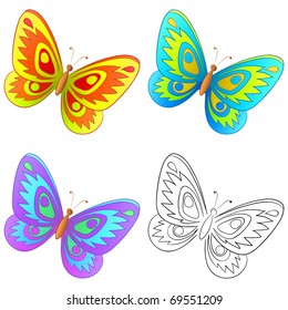 Butterfly, set: multi-coloured and graphic monochrome contour