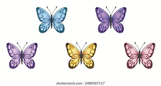  Conjunto de mariposa sobre fondo blanco, azul, rosa, amarillo, púrpura.Ilustración vectorial